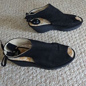 FLY London black suede Ankle-Strap Sandal size 10.5